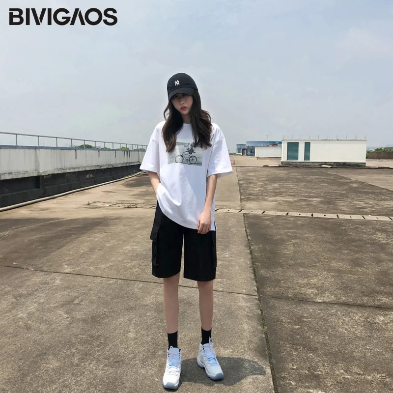 Черный BIVIGAOS модный карман карго шорты женские летние свободные прямые повседневные Шорты Высокая талия красивый Tide спортивные до колен шорты пятицент брюки - Цвет: Черный