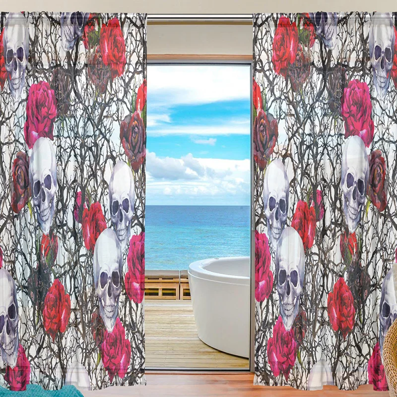 Тюль занавеска винтажная сахарная череп цветочный узор печатные отвесные