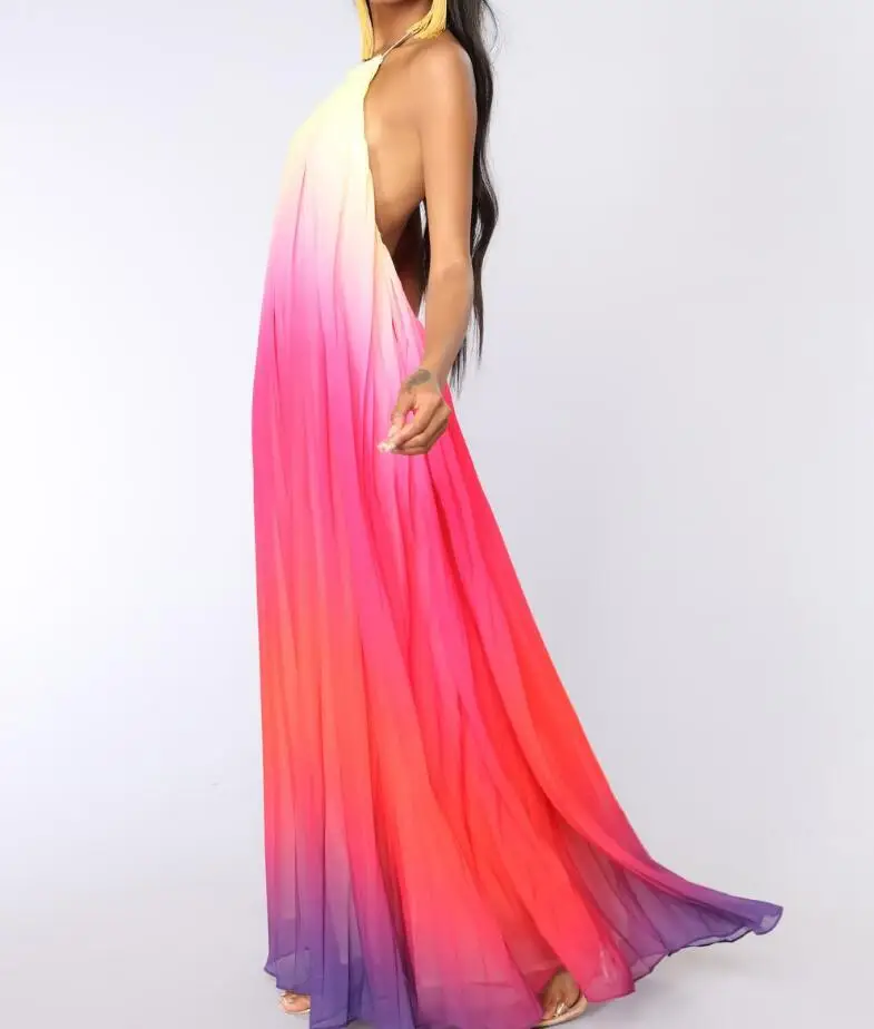 Женское длинное платье с градиентом шифоновое открытой спинкой и холодным