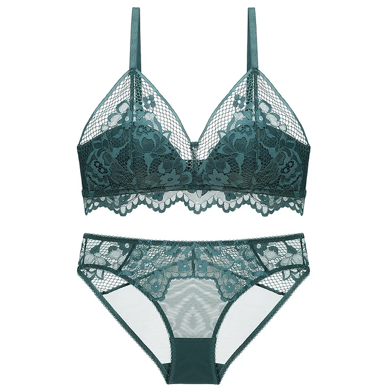 sexy mousse half cup bra sets women underwear lace mesh deep V flower wireless young girl see through panties new black green