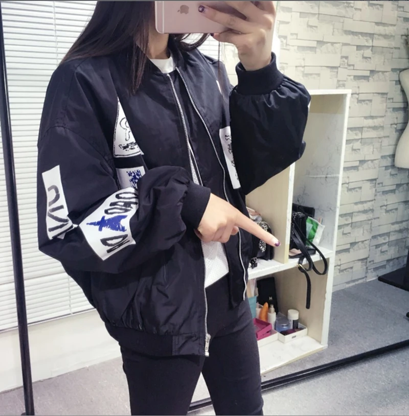 2016 г. весна и осень-розовый Курточка бомбер Для женщин BF Стиль с буквенным принтом