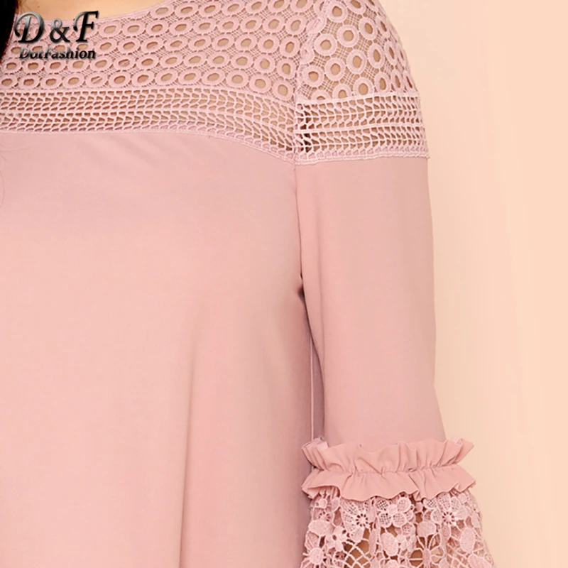 Dotfashion Plus Size Guipure Lace Insert Frill Trim Dresses Ladies Spring Fall Pink Elegant Flounce Sleeve A-Line Plain Dress