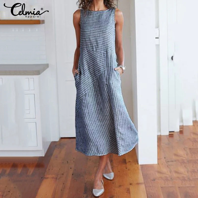 Женское летнее платье без рукавов с круглым вырезом, женское Повседневное платье в полоску, Пляжное Платье