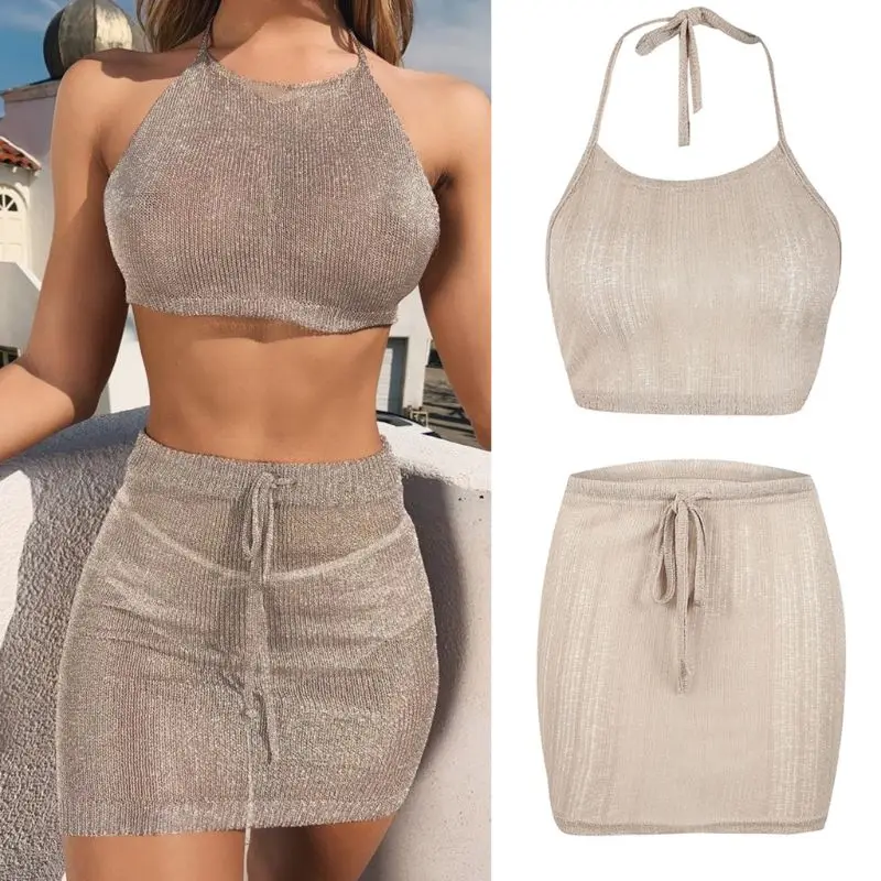 1 Set Women Summer Beach Dress Sexy See Through Bodycon Halter Bikini Cover-up Knitted Bandage Beachwear Mini 2019 | Женская одежда