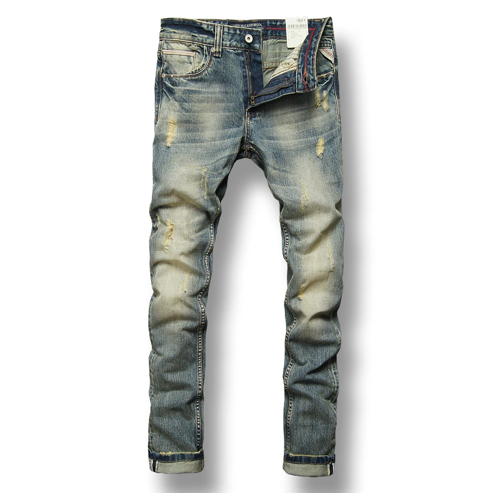 

Fashion Streetwear Men Jeans Retro Washed Destroyed Ripped Jeans Men Brand Designer Italian Style Vintage Classical Jeans homme