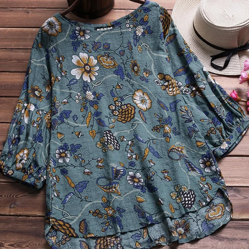 

Plus Size 5XL Women Loose Vintage Printed Blouse Round Neck Spring O Neck Casual Seven-quarter Sleeve Cotton linen Blouses Tops