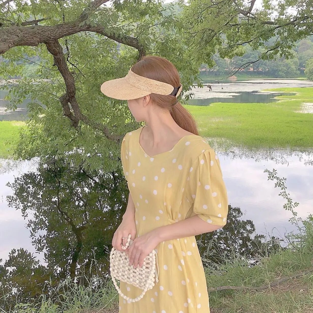 2019 New Style Chic Vintage Slim Square Neck Lantern Sleeve Long Polka Dot Dress Pink Yellow Blue 80s French | Женская одежда