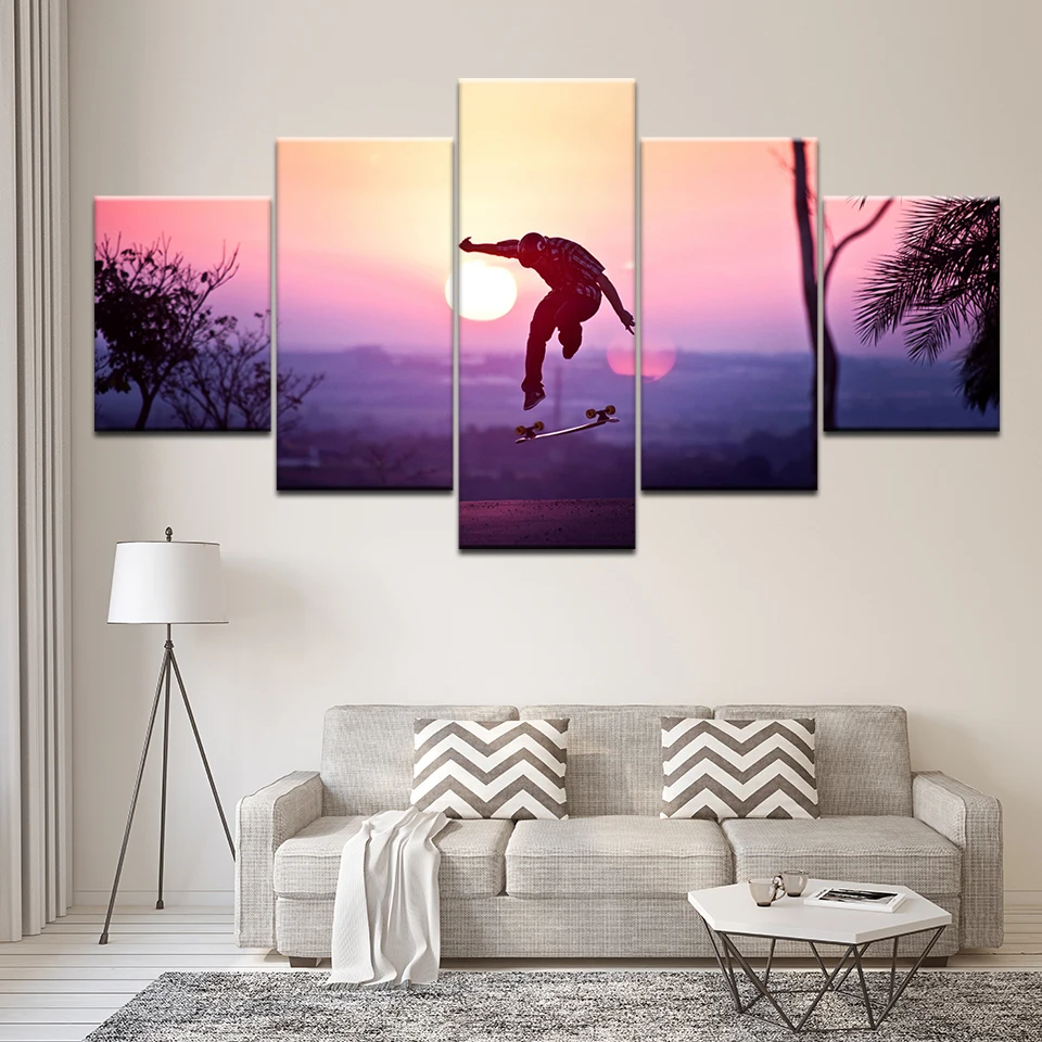 Холст для живописи Wall Art рамки 5 шт. закат фотографии со скейтбордом HD принты