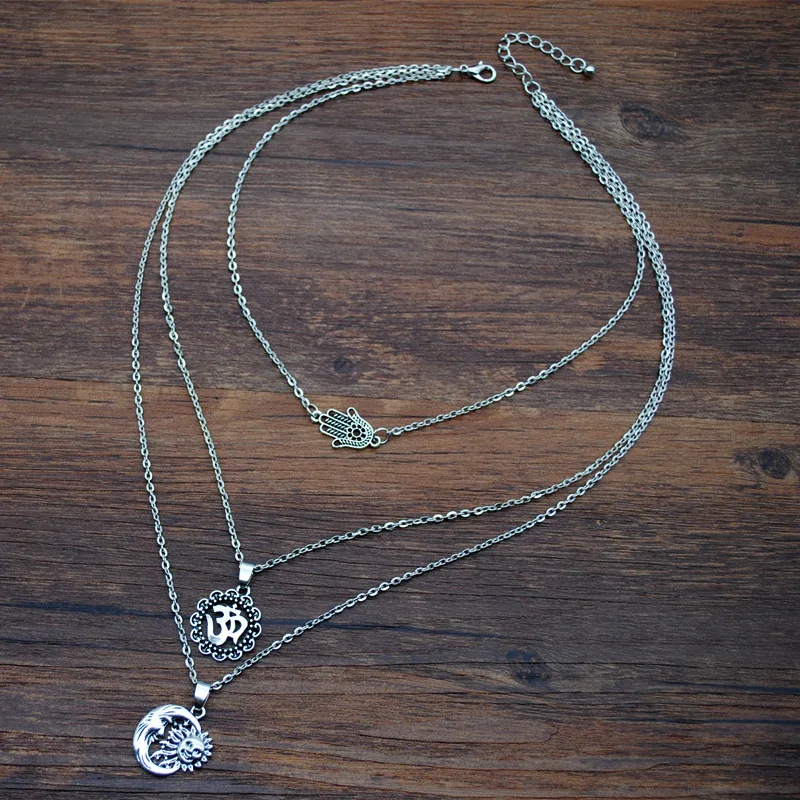 3 шт./компл. Boho Винтаж Многослойные Чокеры ювелирные изделия Цепочки и ожерелья для Для женщин Античная Серебряная цепочка Фатимы хамса руки ожерелье с подвеской мантра Ом ювелирные изделия