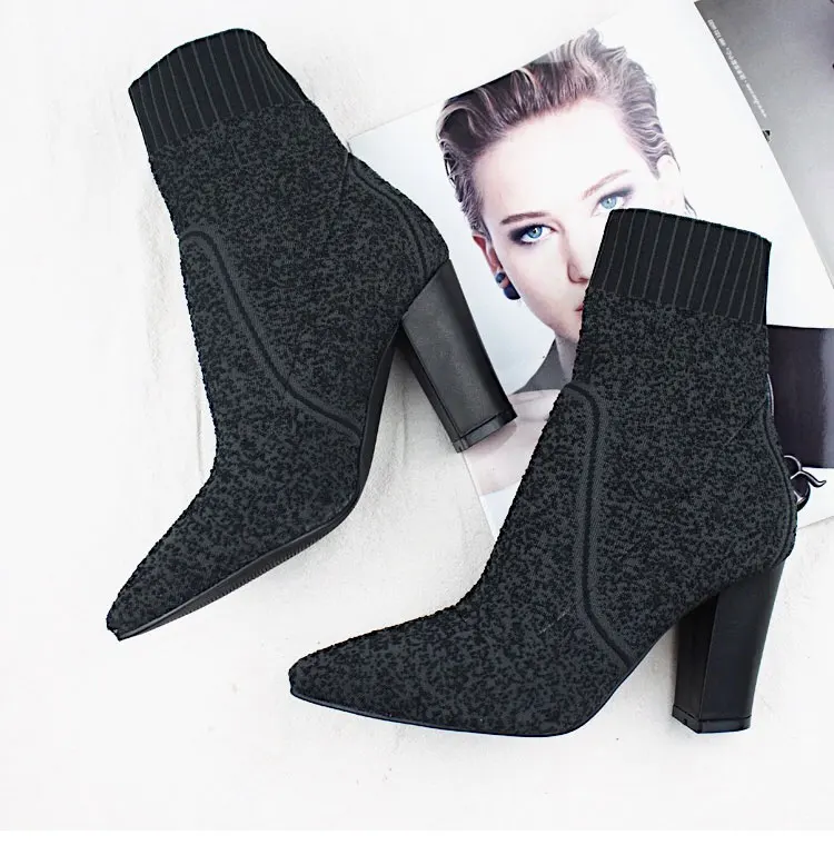 black square heel JAWAKYE/Дизайнерские шерстяные вязаные ботиночки feminina; ботильоны для женщин на высоком каблуке; цвет розовый, хаки; эластичная обувь; сезон весна-осень; сексуальный носок - Цвет: black square heel