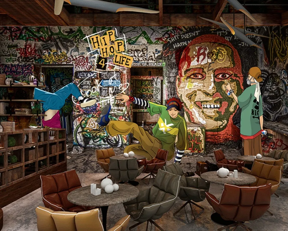 

Free Shipping Retro Graffiti Hip Hop Rock Music Bar KTV Mural Wallpaper Colorful Graffiti Custom 3DRestaurant Graffiti Wallpaper