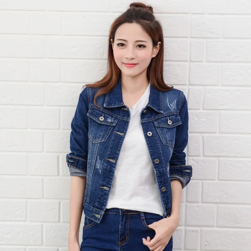 Куртка женская джинсовая короткая облегающий белый топ с отложным воротником