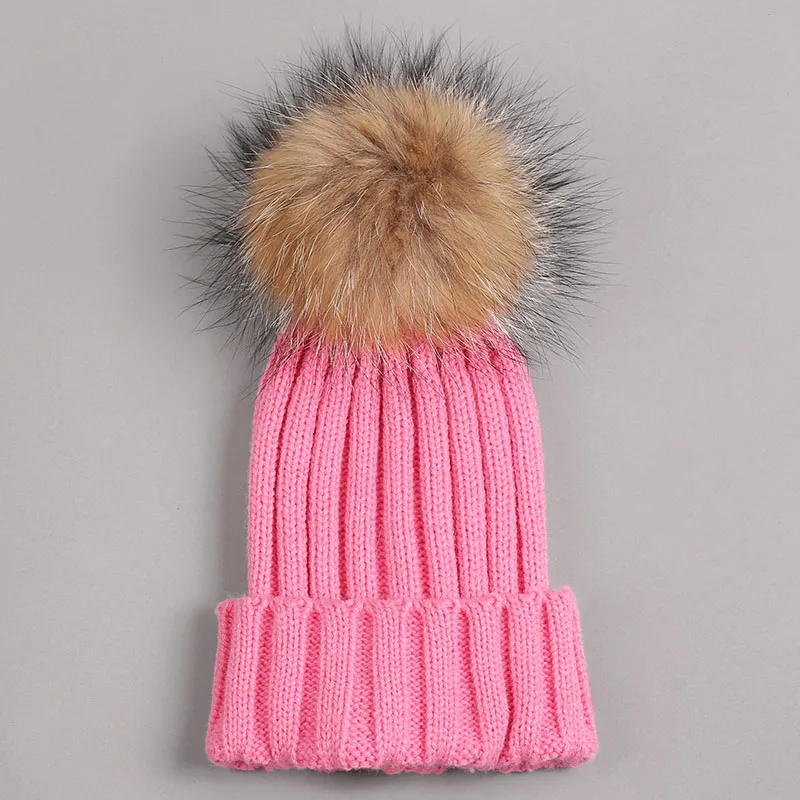 Детская шапка с помпоном из меха енота детские вязаные шапки лисьего Шапка бини