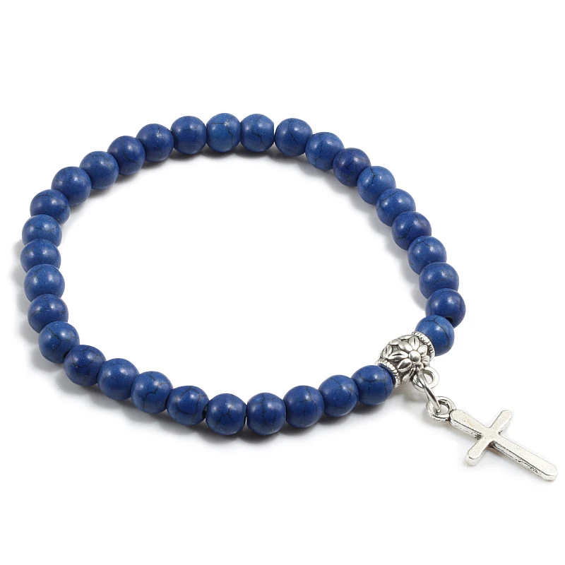 Dark Blue Модный мужской браслет из натурального камня, матовый черный крест, браслеты из бисера, женские браслеты для йоги, цепь для пары, ювелирные изделия, подарки - Окраска металла: Dark Blue