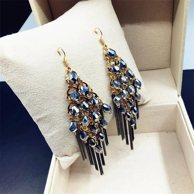 Винтажные богемные длинные серьги с кисточками и кристаллами для женщин