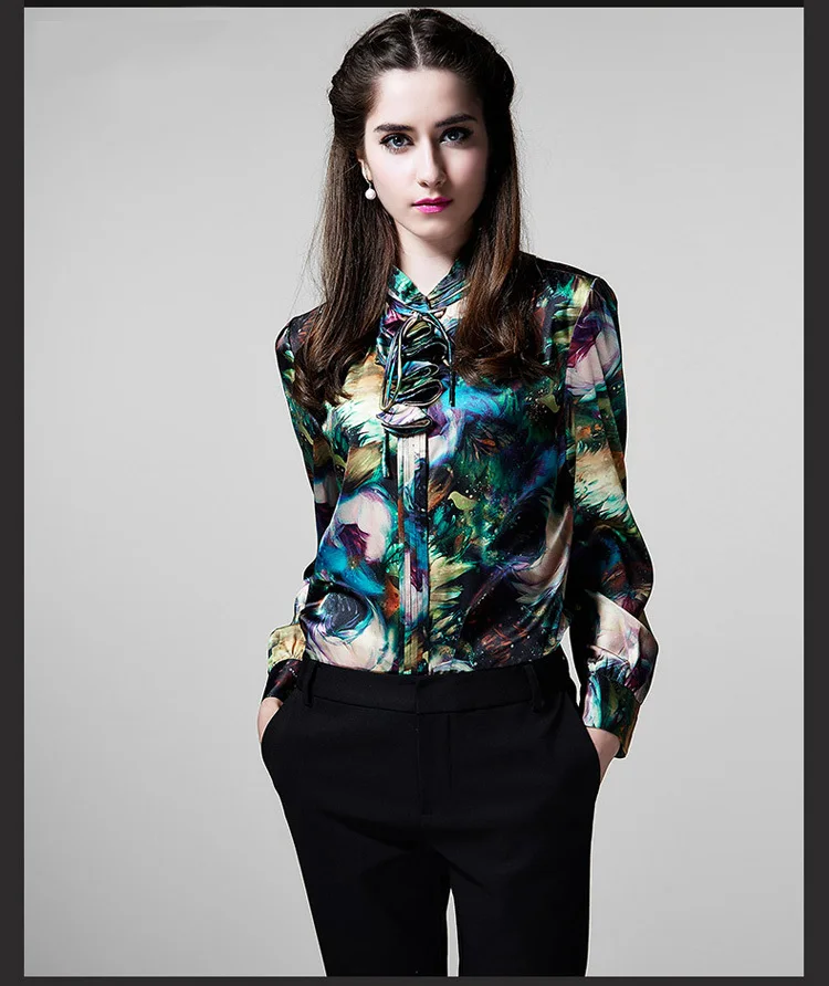 Рубашка из 100% шелка и сатина Женская с принтом новая модель Весенняя рубашка