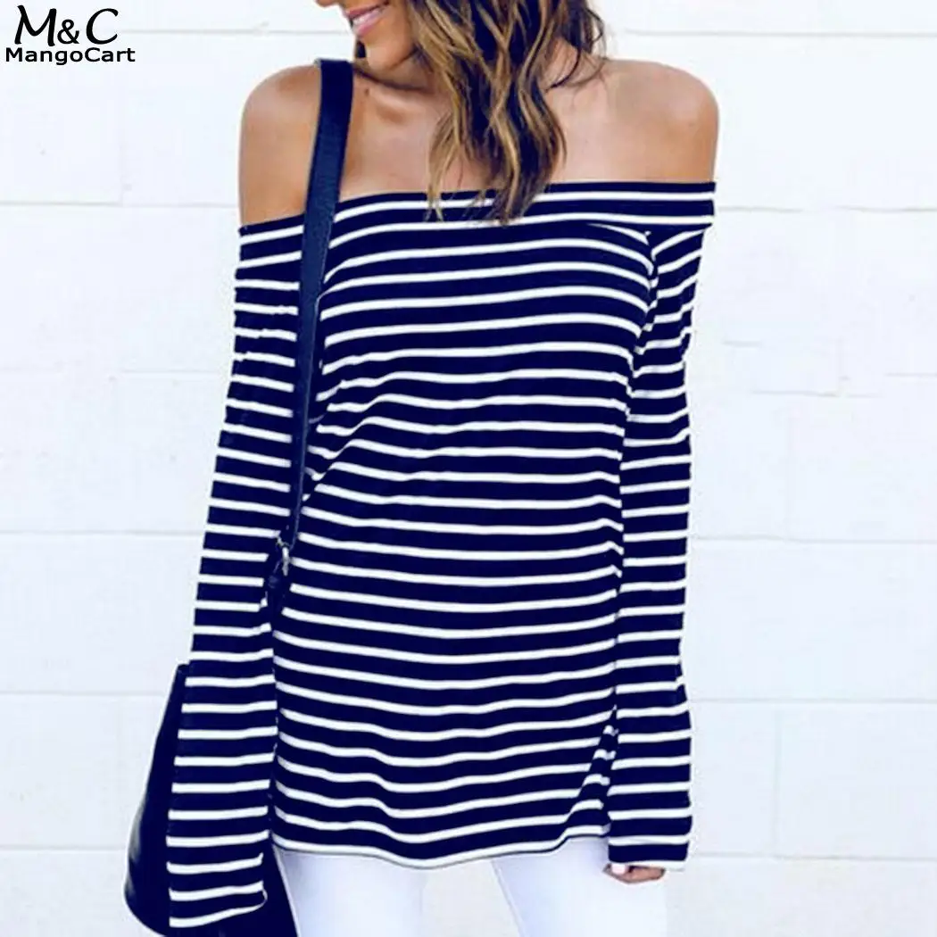 Тонкий Повседневное длинный рукав с плеча полосатый Для женщин пуловер Футболка
