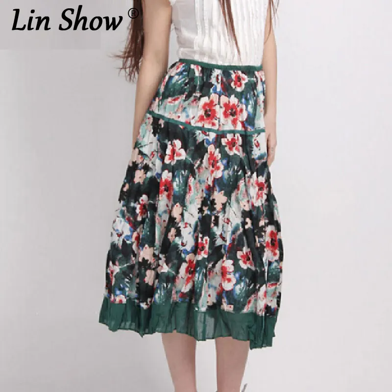 Linshow Лен с цветочным принтом Юбка Femme Vitange Элегантные до середины икры Женская
