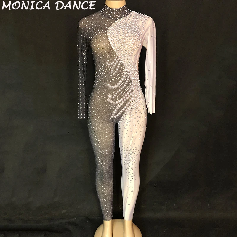 Women Sexy Net Yarn Black White Jumpsuit Sparkling Crystals Nightclub Birthday Party Stage Wear for Dancer Singer Dance Costumes | Женская