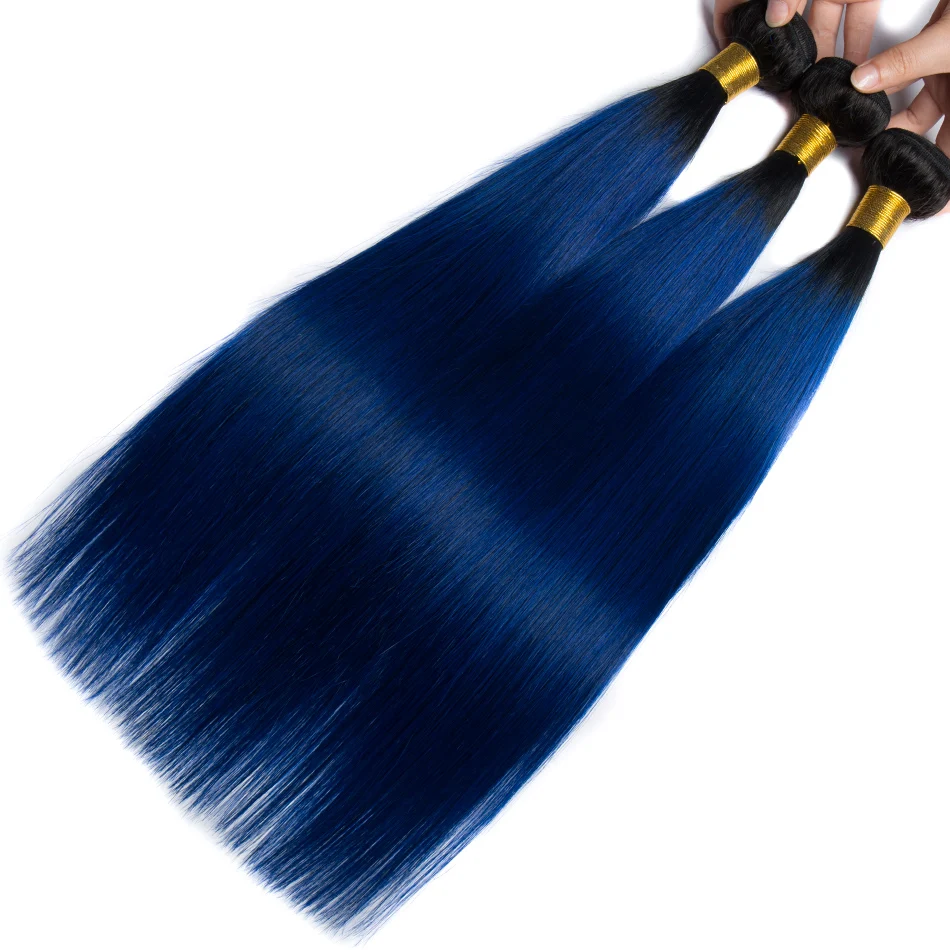 ALIBELE Ombre бразильский Weave волос Комплект s с закрытием 1B Синий прямой 3 4 кружева Remy