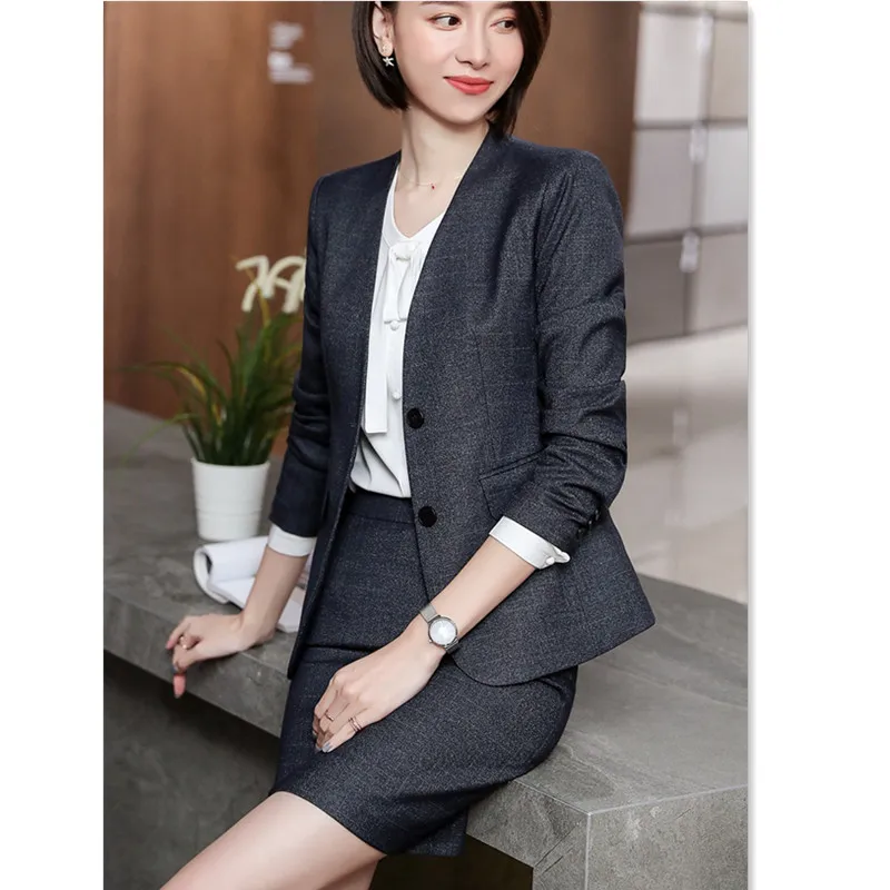 Женский офисный костюм с юбкой и карманами элегантный блейзер V образным вырезом