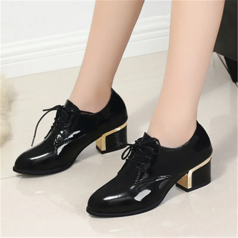 

New Spring Autumn Women's Lace-up Thick High Heel Shoes Women Fashion Patent Leather Pointed Toe Pumps Black Red Eu size 35-40