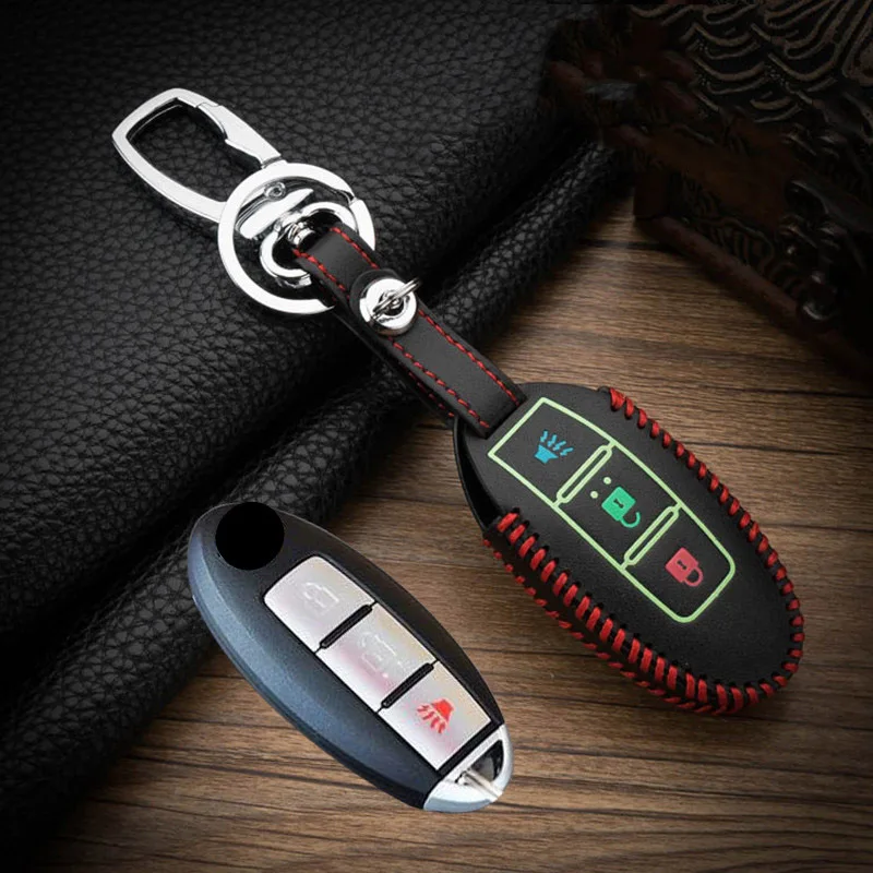 Светящийся кожаный чехол для автомобильных ключей Ручное шитье верхний слой Nissan