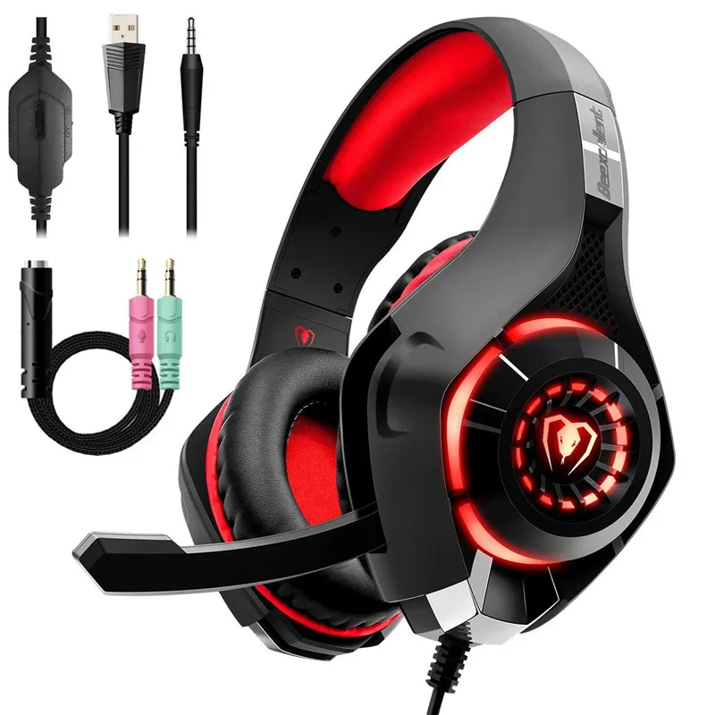Beexcellent GM-1 Игровые наушники с микрофоном светодиодный свет стереогарнитура для игр 3,5 мм проводная USB головная повязка наушники для ПК/PS4 геймеров - Цвет: black red