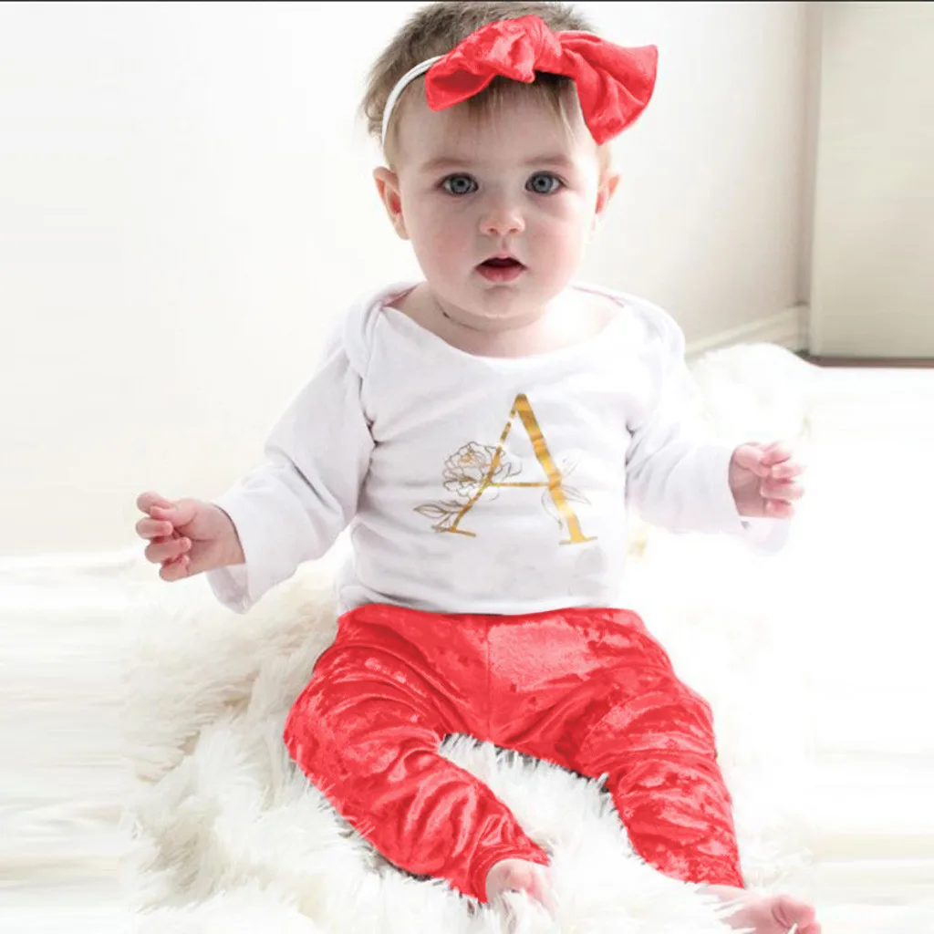2019 Brand New Infant Toddler Baby Girl Boy Cotton Outfit Clothes Romper Tops Pants Hair Band Set Outfits 3Pcs L1214 | Детская одежда и