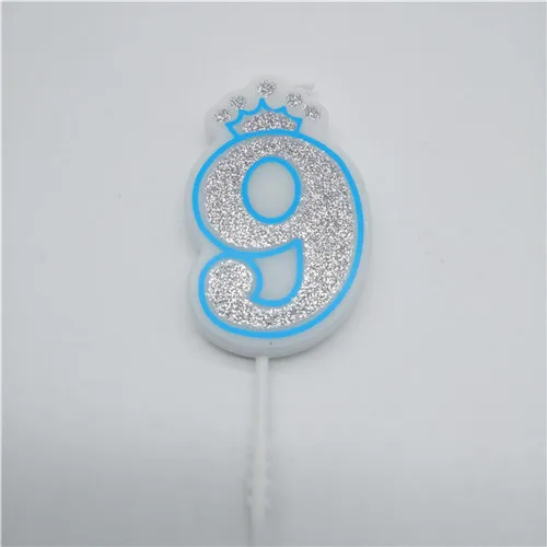 blue 9 Свечи с цифрами 0, 1, 2, 3, 4, 5, 6, 7, 8, 9, блестящие серебристые, розовые, голубые свечи с короной для детей, девочек и мальчиков, украшения для торта для вечеринки на день рождения - Цвет: blue 9