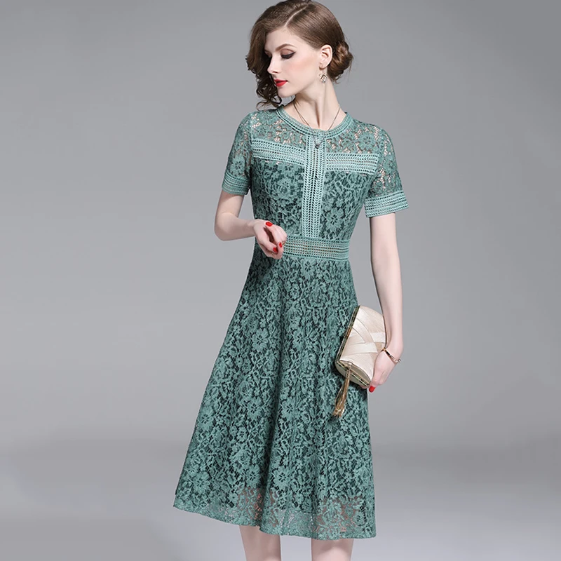 JTCY Summer Women Solid Vintage Lace Dress Party Short Sleeve O-Neck Hollow Out Sexy Female A-Line Knee-Length | Женская одежда