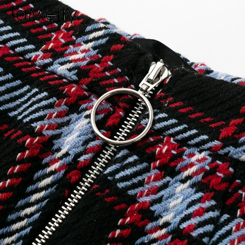 Женская твидовая мини юбка в клетку Элегантная короткая на молнии спереди осенне