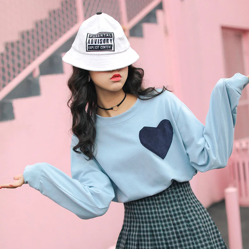 Корейский модный синий свитер с карманом Love топы для женщин Harajuku Kawaii школьная