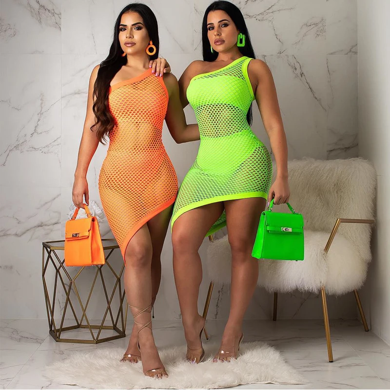 Неоновое Сетчатое Прозрачное платье на одно плечо и комплект бикини PinePear из 3