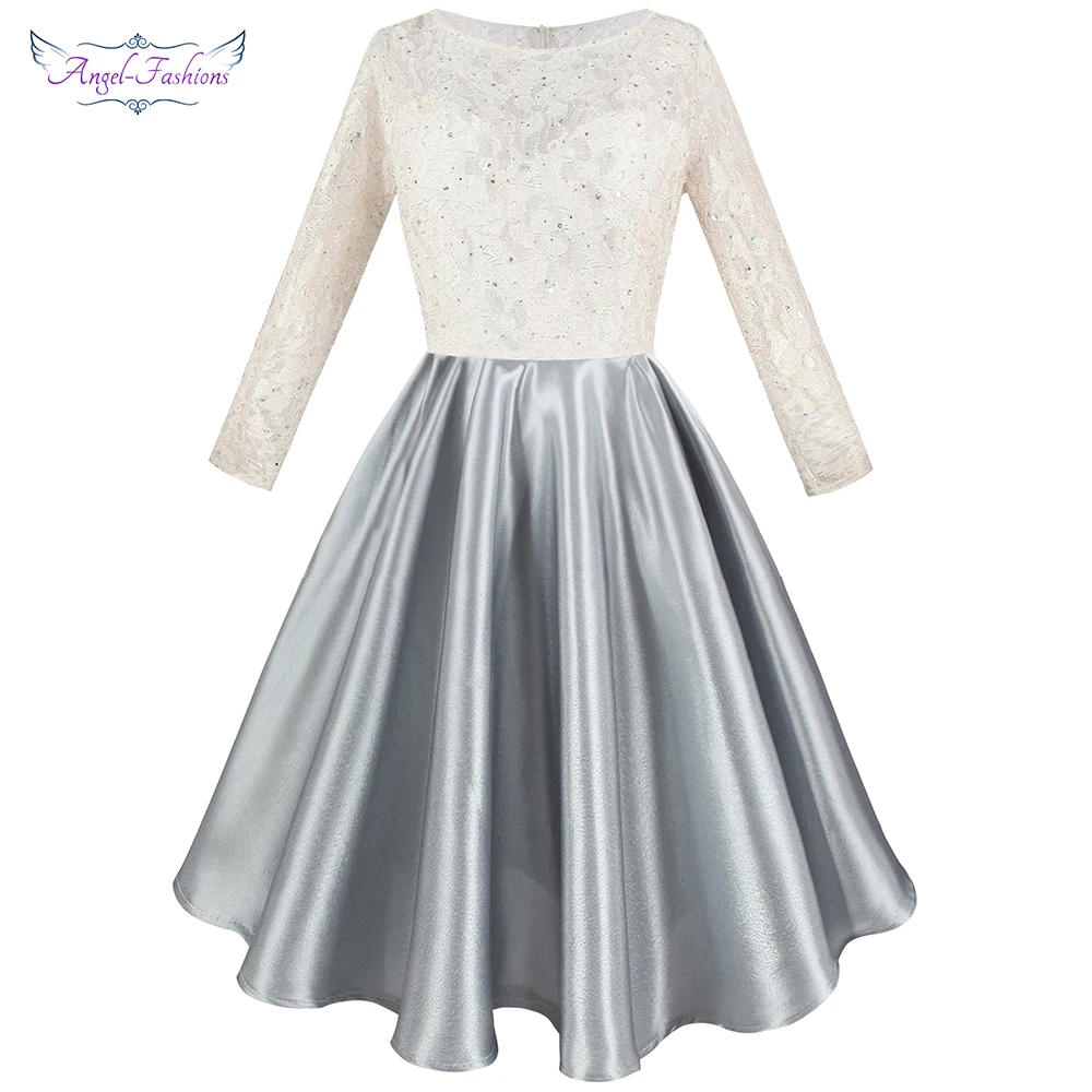 

Женское платье с длинным рукавом Angel-fashions, кружевное платье для выпускного вечера с круглым вырезом, сатиновое бальное платье 413