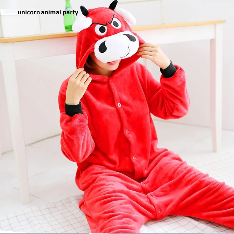 

Kigurumi Cosplay Unisex red fox Pijama Animais Onesies Inverno Touro Gado Vermelho Encantador Dos Desenhos Animados Pijamas