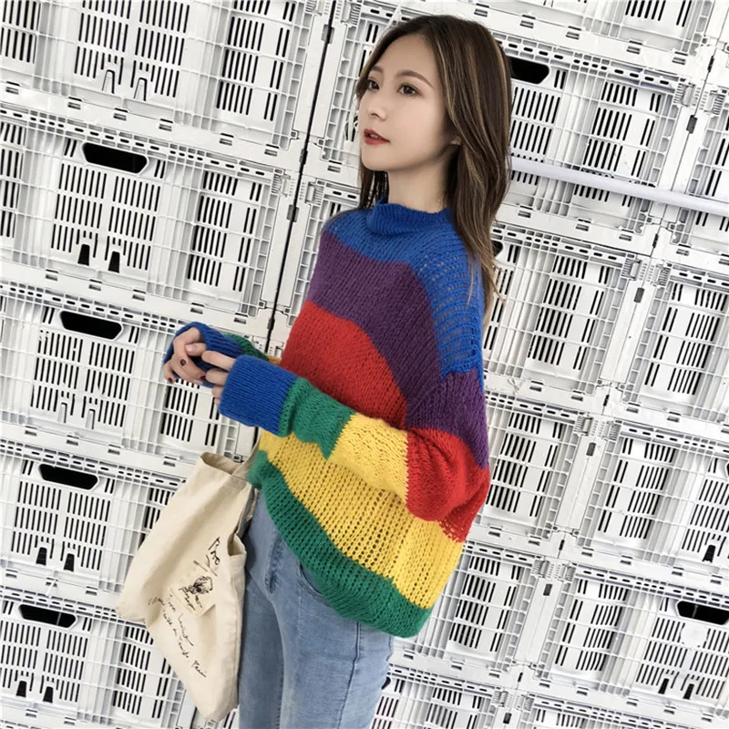 Danjeaner Womens Sweaters 2018 Winter Fashion Rainbow Striped Turtleneck Pullovers Knitted Jumpers Streetwear Oversized | Женская одежда