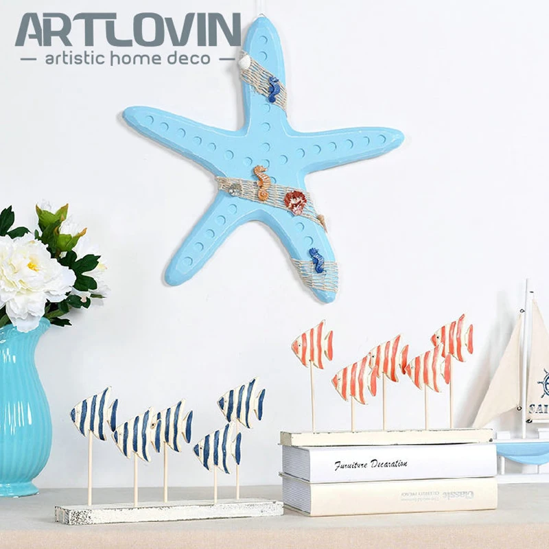 

Decorative Marin Starfish Wood Wall Hangings Home Decoration Sea Star Ornaments Large Size Blue Wooden Sea Crafts For Room Decor