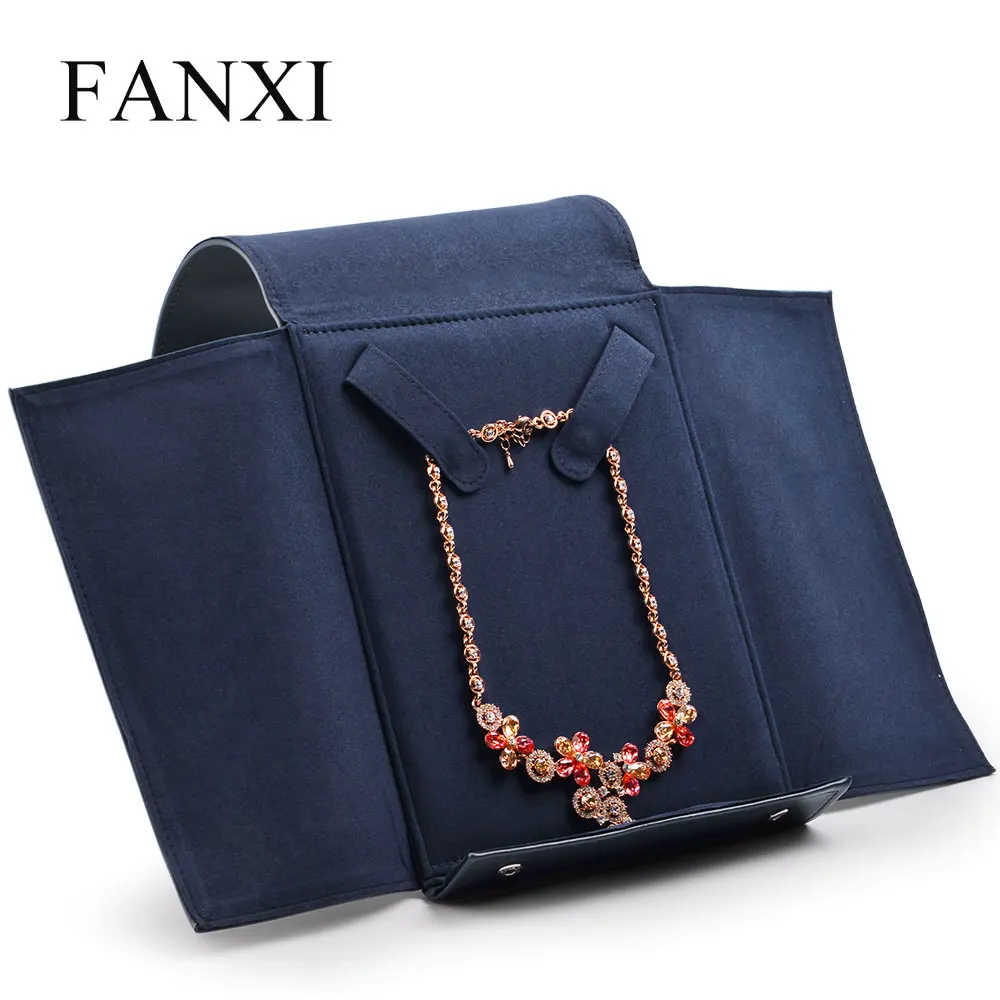 

FANXI Jewelry Gift Bag PU Leather Necklace Bag Royal Blue Button Jewelry Storage Bag for Big Necklace