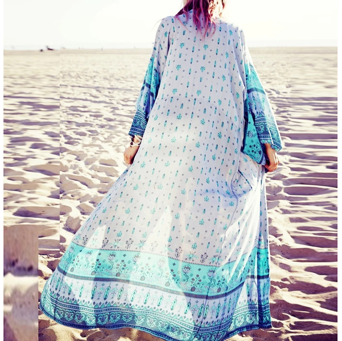 Bsubseach Синий принт Пляжная накидка Boho Femme купальник с длинным рукавом Cover up Для