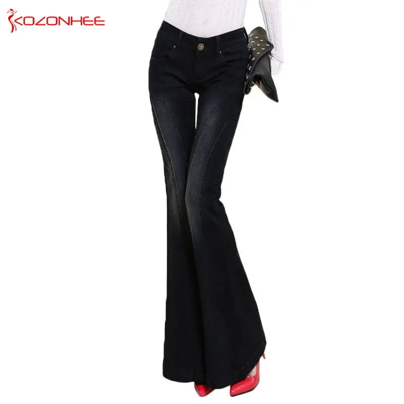 

KOZONHEE Stretch Elastic Black Flare Jeans Women Long Stretching Bell-Bottoms Jeans For Girls Trousers Women Jeans Large Size