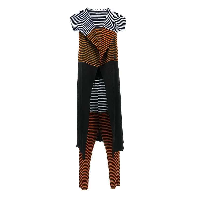 Высокое качество Miyake Fold лето полосатый жилет+ узкие брюки модный костюм из двух предметов брюки костюм
