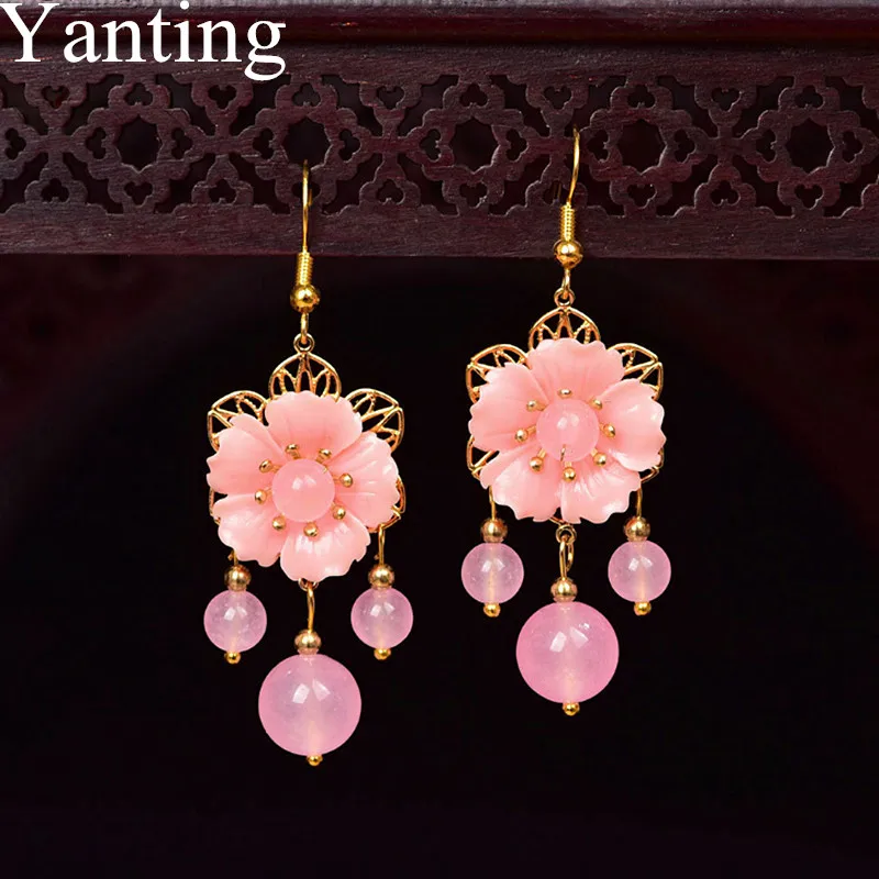 Yanting, милые розовые серьги для женщин, полимерный цветок, Розовый халцедон, серьги с камнем, модные ювелирные изделия, серьги, 0414