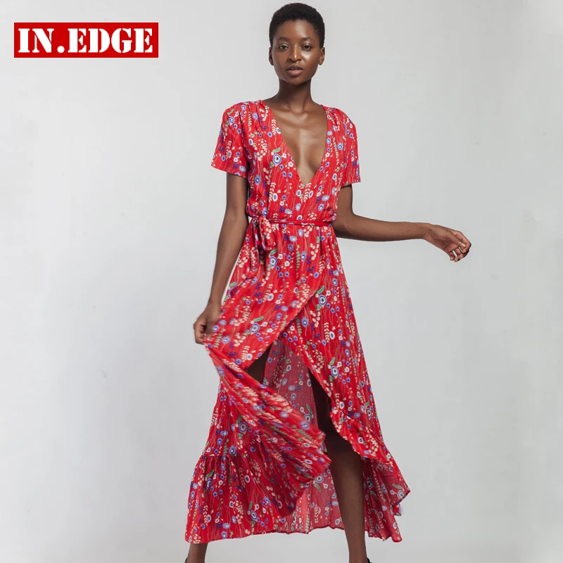 Summer Beach Long Dresses Women Flower Floral Maxi Split Elegant Dress Sexy Deep V Neck Party Evening Red Bodycon Belt Женская одежда