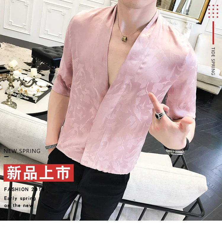 Розовые мужские шелковые рубашки, роскошные мужские рубашки Camisa Social Masculina, облегающие атласные черные рубашки, мужские Модные, японские летние мужские рубашки