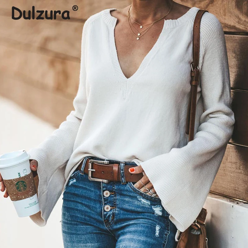 Женский вязаный пуловер с v-образным вырезом повседневный однотонный джемпер
