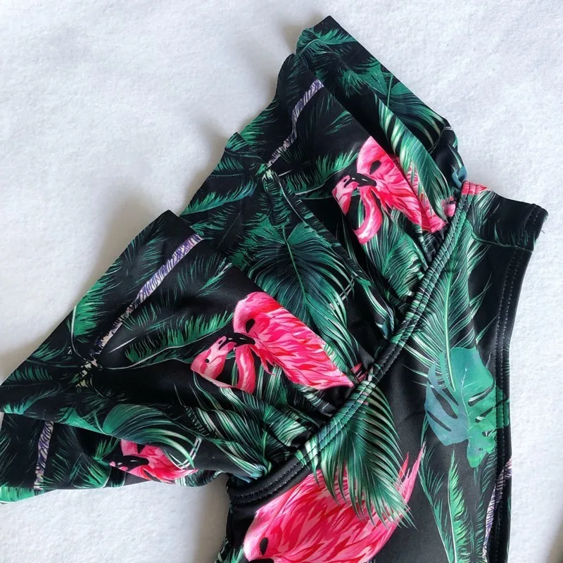 Women Swimwear NEW Green Leaves Printed One Piece Swimsuit Female Bather Ruffled Bathing Suit Swim Lady Monokini