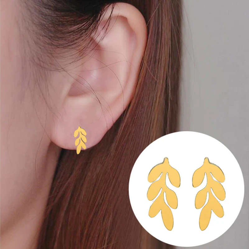 Shuangshuo Tiny New Vintage Leaves Stainless Steel Earrings for Women Beautiful Tree Leaf Stud Feather Studs | Украшения и