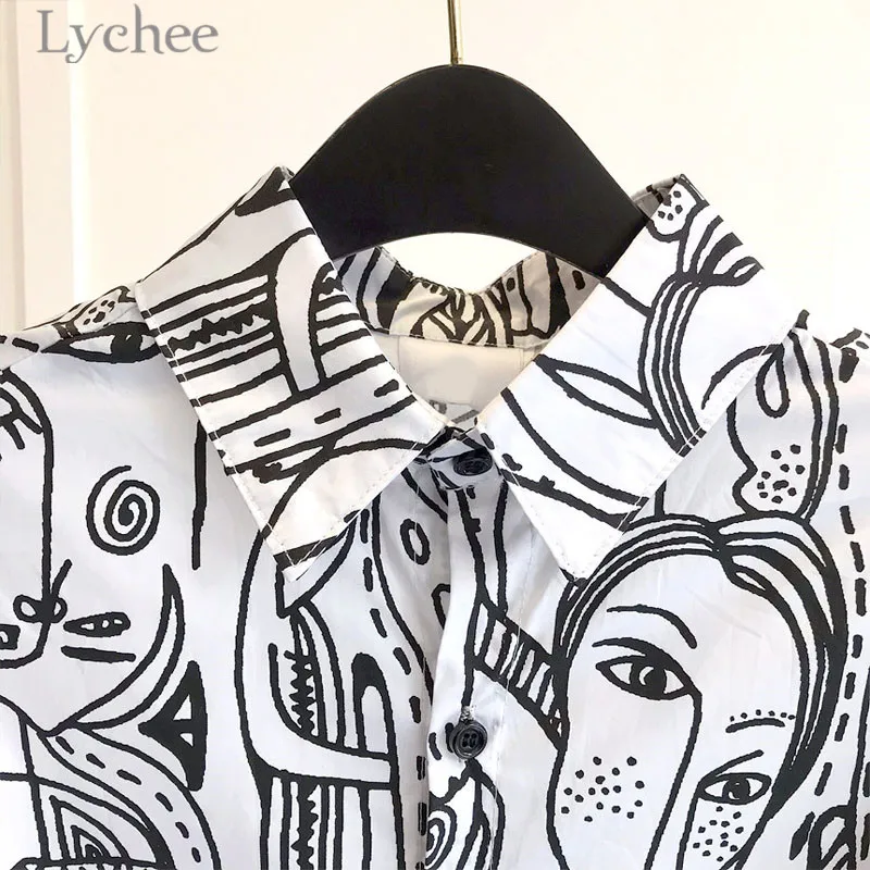 Lychee Harajuku, Женская мультяшная блуза с принтом головы, длинный рукав, отложной воротник, рисунок лица, рубашки, Повседневная Свободная блузка, топы для женщин