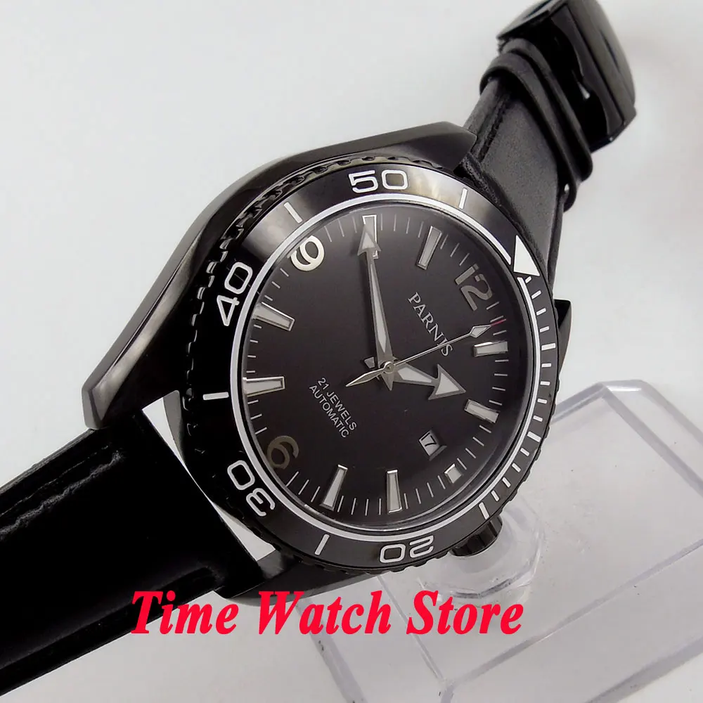 Часы Parnis 45 мм с черным циферблатом PVD чехол сапфировое стекло 21 драгоценность MIYOTA